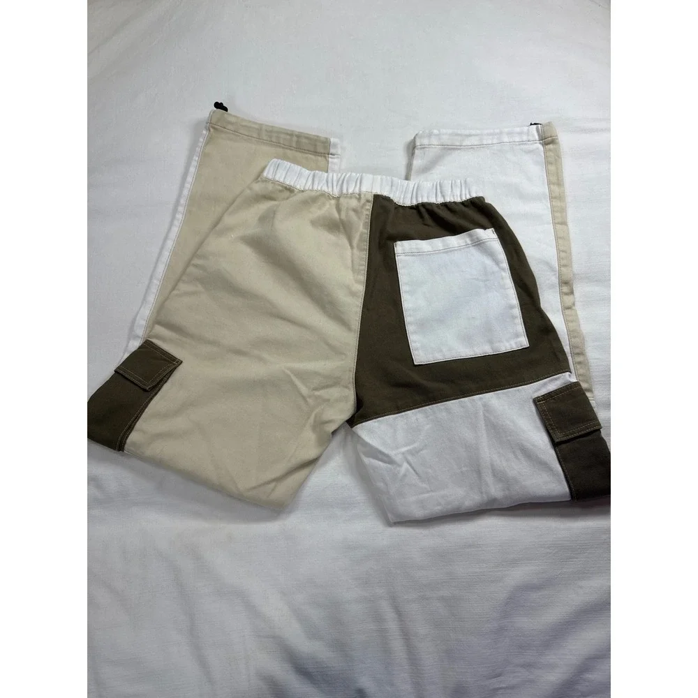 Bershka Colorblock Cargo Pants Mens Small Beige White Patchwork Utility Trousers